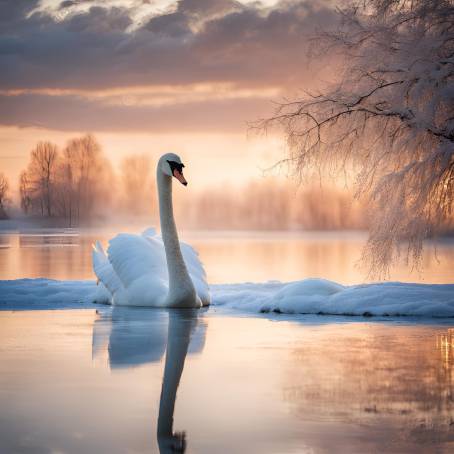 White Swan Swimming Alone in Winter Lake with Snowfall  Sunrise Photography