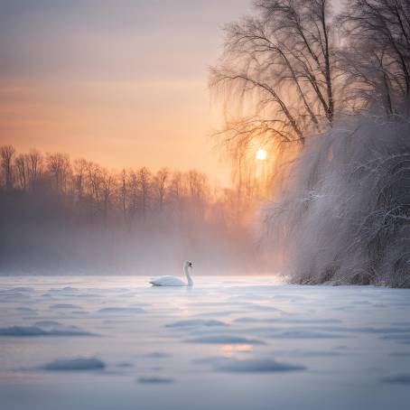 White Swan Swimming in Snowy Winter Lake at Sunrise with Gentle Snowfall