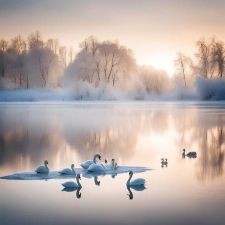 White Swans and Grey Chicks in Winter Lake Sunrise Scene with Frozen Water and Frosty Trees