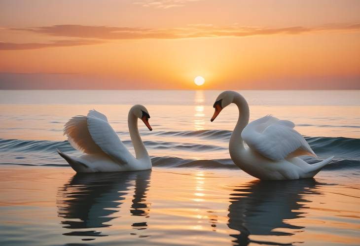 White Swans at Dawn in the Sea with a Stunning Sunrise