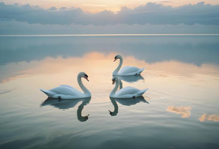 White Swans Gracefully Swimming in the Sea at Sunrise