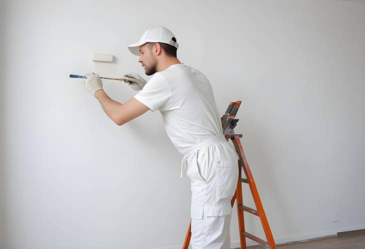 White Wall Painting by Man in Overalls, Home Renovation and Makeover