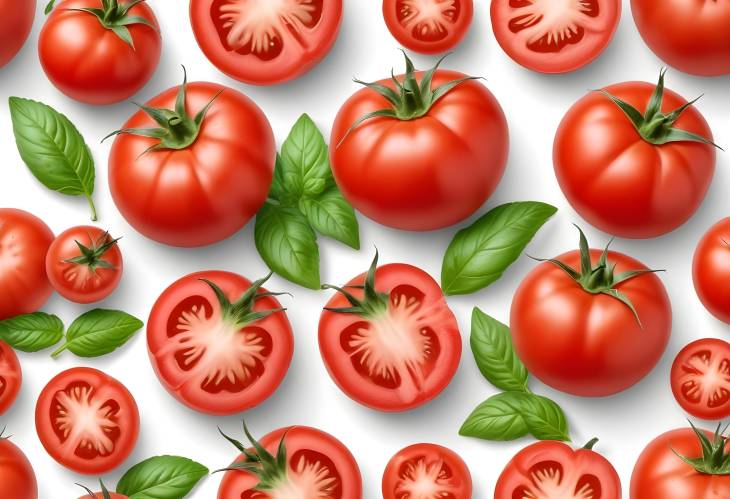 Whole and Half Tomatoes with Basil Leaves Isolated on White Background  Clipping Path and Full