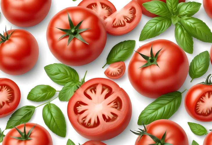 Whole and Half Tomatoes with Basil Leaves Isolated on White Background  Clipping Path, Full Depth