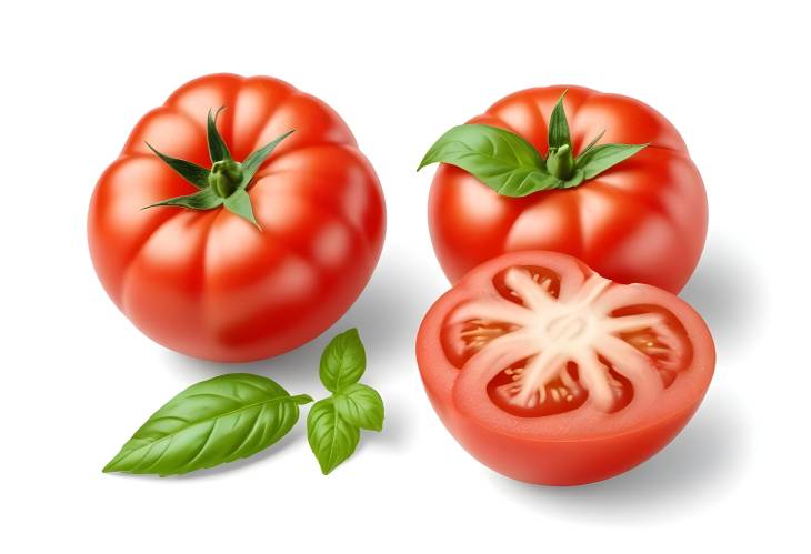 Whole and Half Tomatoes with Green Basil Leaves on White Background  Isolated Produce