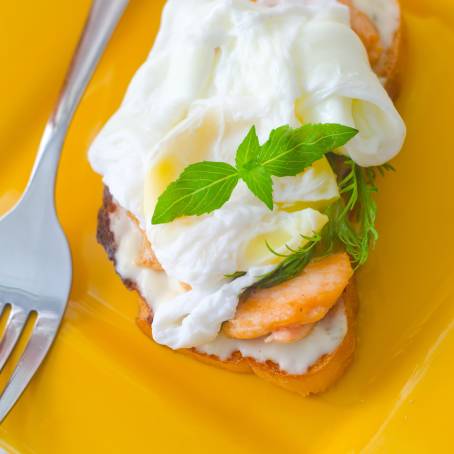 Whole Grain Toast with Soft Boiled Egg Halves and Dill, Healthy Breakfast Idea, Top View Close Up