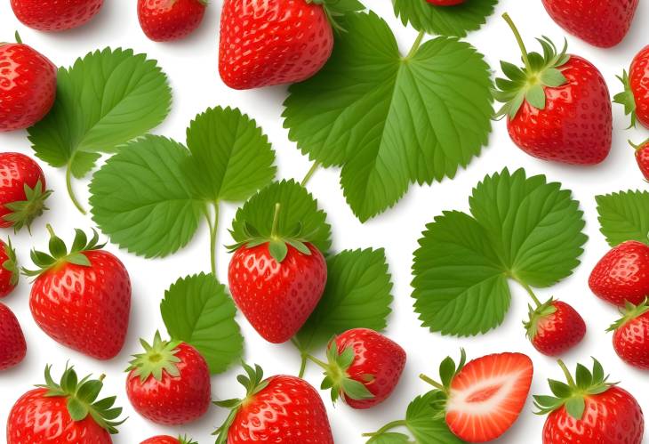 Whole Strawberries with Leaf Isolated on White Background. Side View Set. Full Depth of Field.