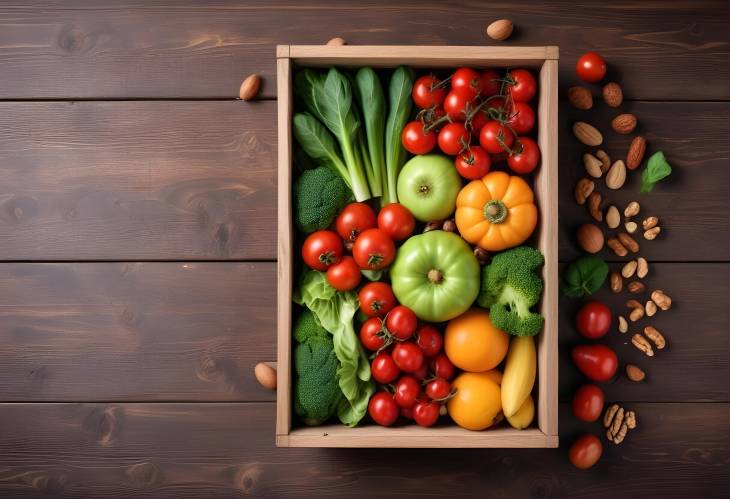 Wholesome Nutrition Fresh Veggies, Nuts, and Fruits in a Wooden Box