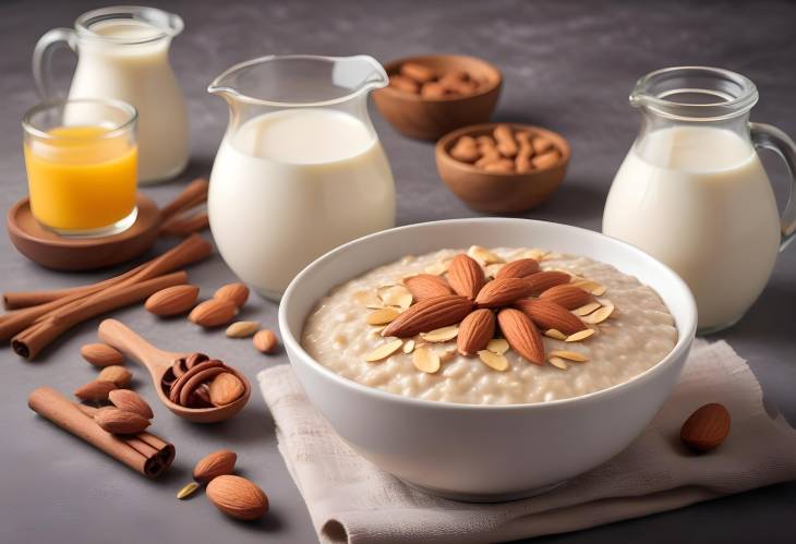 Wholesome Oatmeal Porridge with Almonds, Cinnamon, Honey, and Milk Jug. Nutritious Breakfast