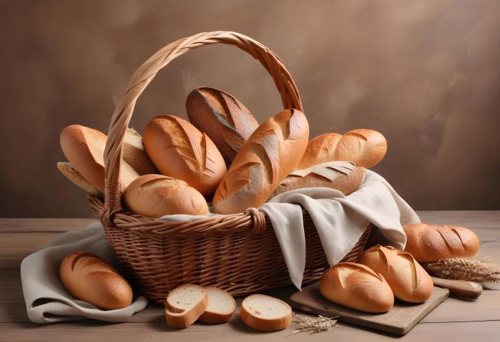 Wicker Basket Filled with Various Fresh Breads on Wooden Table