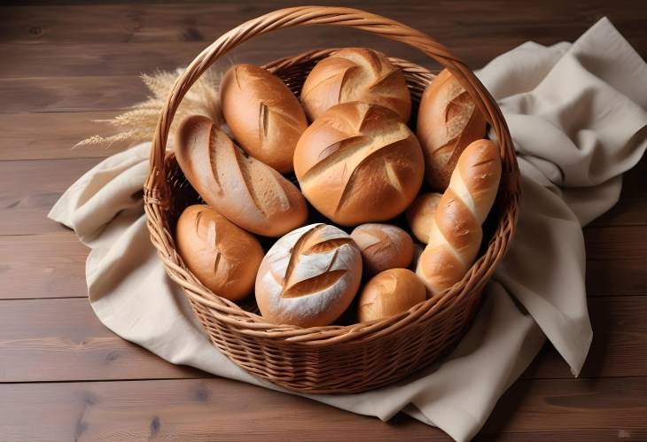 Wicker Basket with Assorted Fresh Breads on Wooden Table