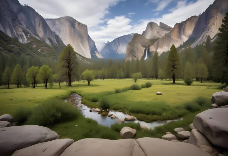 Wide Angle Landscape of Yosemite Valley Featuring Towering Peaks and Verdant Wilderness