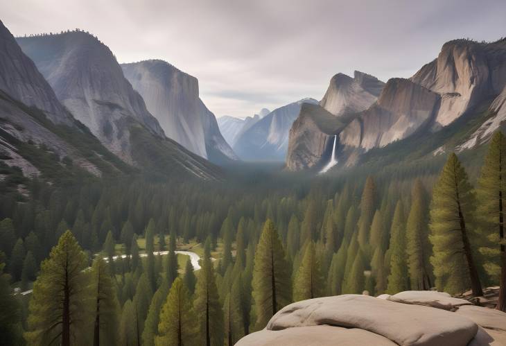 Wide Angle Panoramic View of Yosemite Valley Featuring Iconic Granite Cliffs and Verdant Vegetation