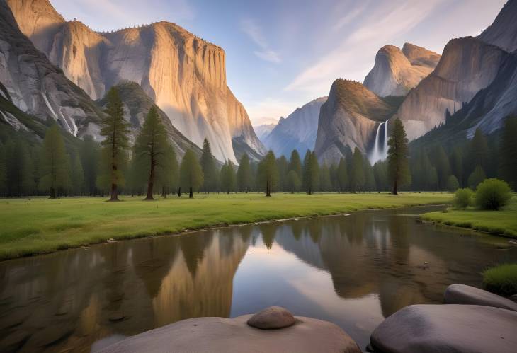 Wide Angle View of Yosemite Valley with Majestic Rock Formations and Lush Greenery