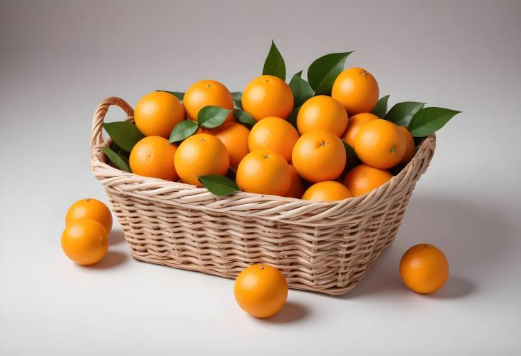 Wide Flat Rattan Basket with Fresh Ripe Oranges Isolated on White