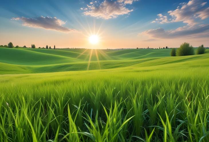 Wide Panoramic Green Field Under Blue Sky and Sun