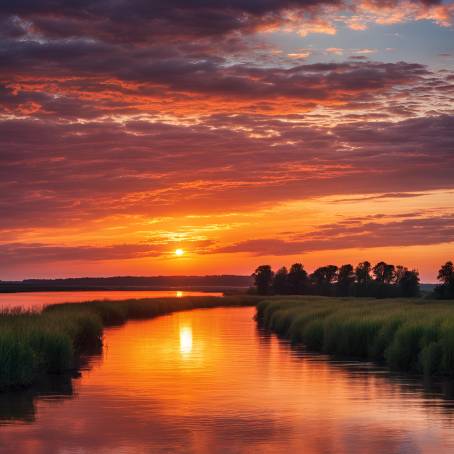 Wide River at Sunrise Colorful Sunset Reflections in the Water