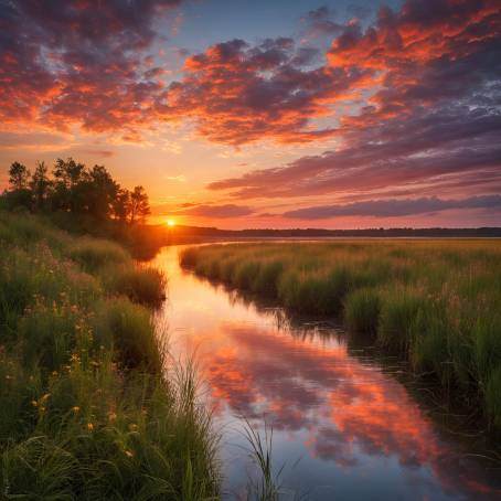 Wide River Sunrise and Sunset Beautiful Colorful Sky Reflections