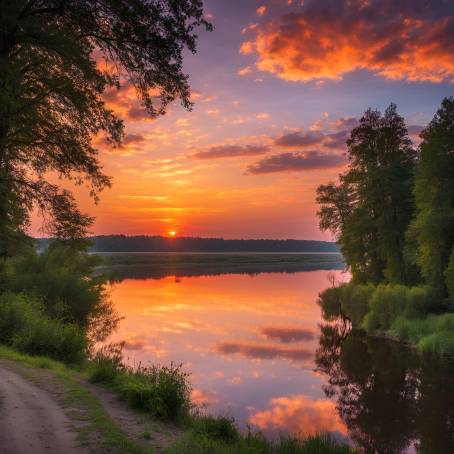 Wide River Sunset and Sunrise Beautiful Colorful Sky and Water