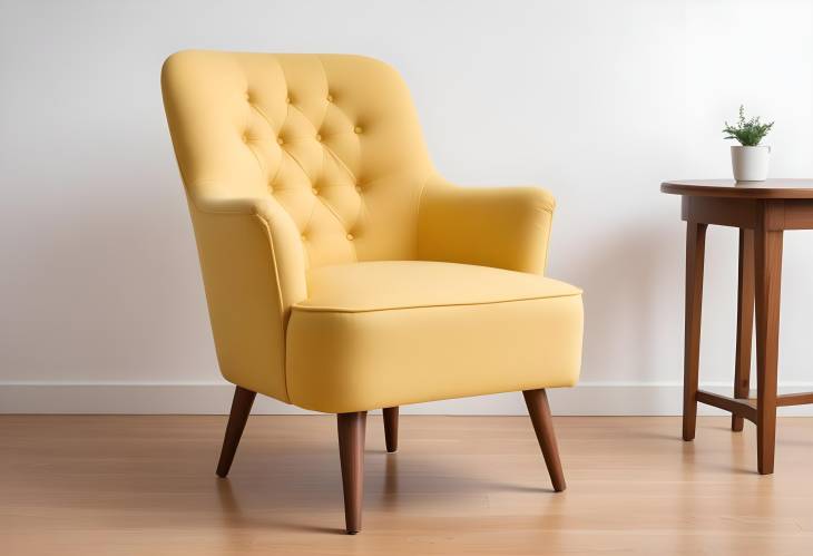 Wide Yellow Retro Armchair with Fabric Upholstery and Wooden Legs