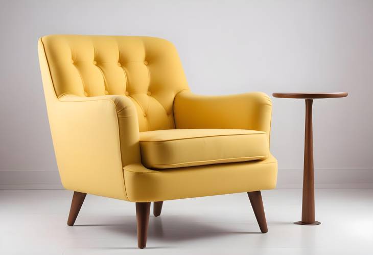 Wide Yellow Retro Armchair with Wooden Legs and Fabric Upholstery