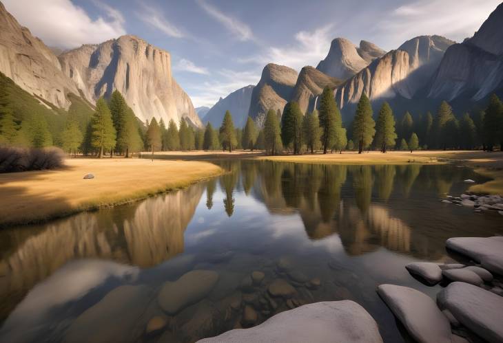 WideAngle View of Yosemite Valley with Rugged Mountains and Lush Greenery