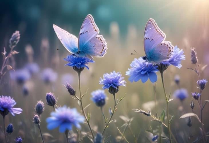 Wild Light Blue Flowers and Butterflies Macro Close Up