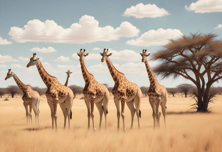 Wildlife Panorama Giraffes in Kalahari Desert, Namibia  Savanna Safari Scene