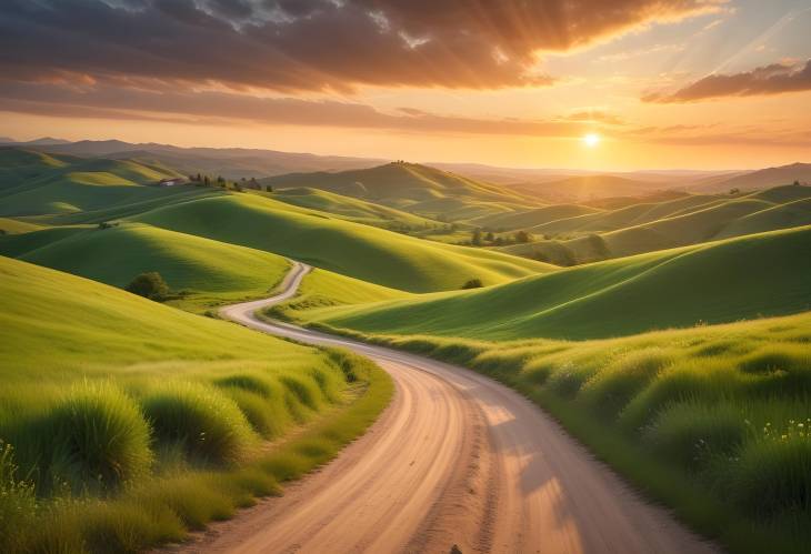 Winding Dirt Road Through Rolling Hills at Sunset