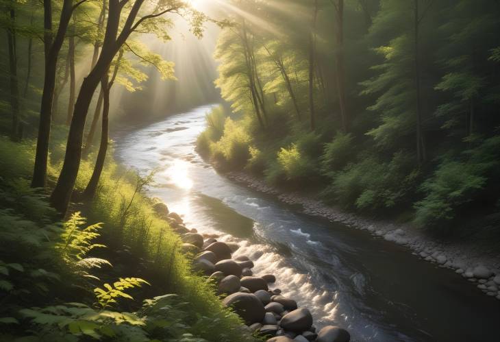 Winding River Through Lush Forest Sunlit Serenity