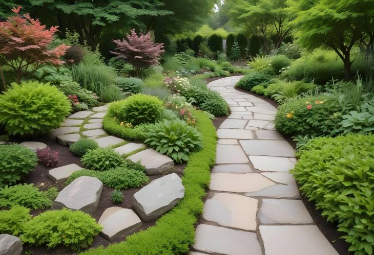 Winding Stone Path A Serene Walkway Through a Lush Garden