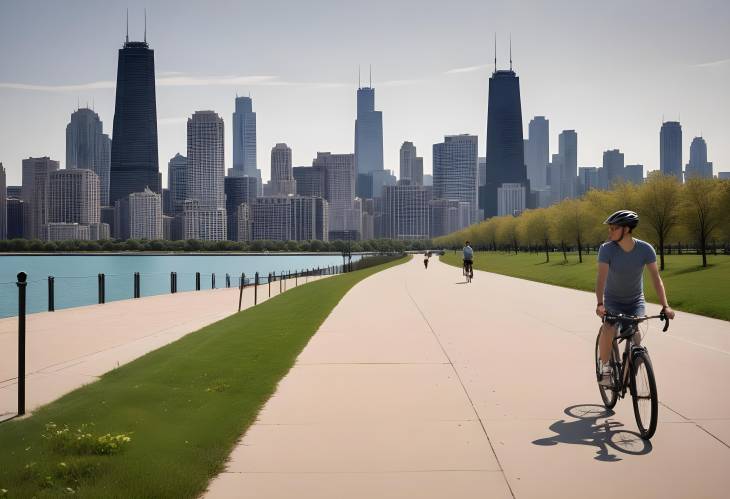 Windy City Rides Bicycle Path with Downtown Chicagos Vibrant Skyline in the Background