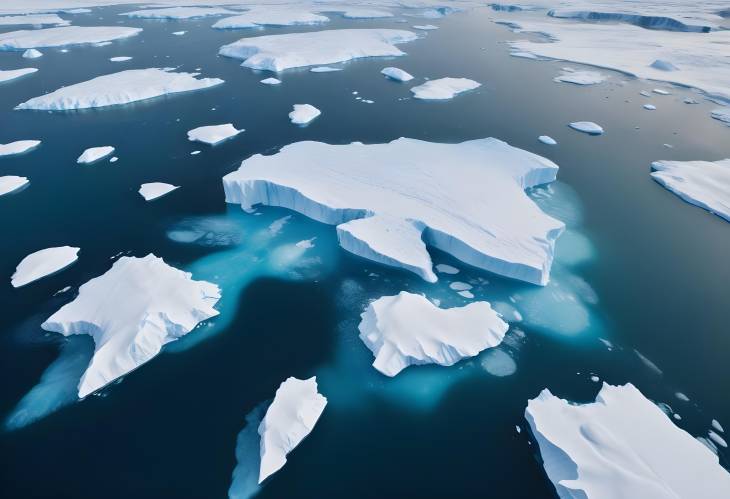 Winter Antarctic Aerial Panorama Melting Iceberg Drifts in Blue Polar Ocean Water