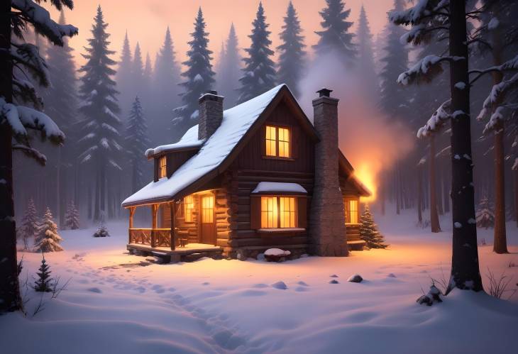 Winter Cabin Bliss Smoke Rising, Gentle Snowfall, and Inviting Warmth Inside