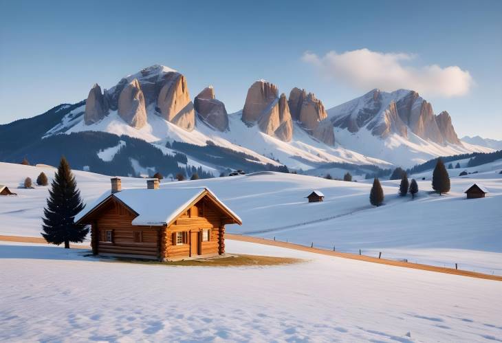 Winter Charm Log Cabin and Snowy Hills at Alpe di Siusi with Dolomites Backdrop, Italy