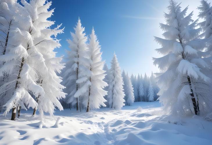 Winter Christmas Landscape with Snow Covered Trees and Blue Tones