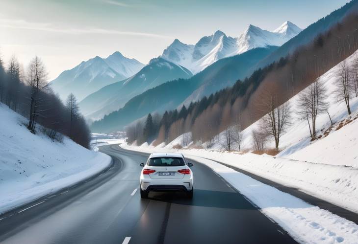 Winter Driving White Car on Snowy Mountain Road with Scenic Green Mountain Views in Bavaria