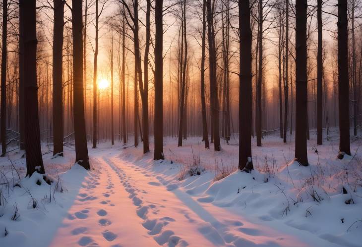 Winter Evening Sunset Through Forest Trees with Snow Covered Landscape