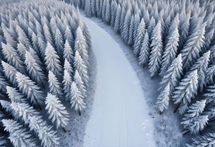 Winter Forest Road from Above  Snowy Path Through Woodland