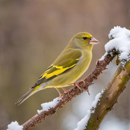 Winter Garden European Greenfinch Bright Yellow Songbird on Woody Root