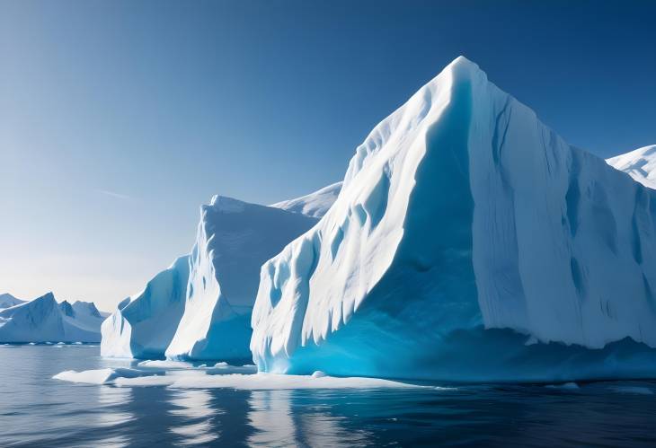 Winter Iceberg and Frozen Ocean in Antarctica. Snow Covered Glacier and Turquoise Waters. Panoramic