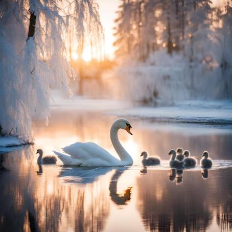 Winter Lake Swans Family at Sunrise White Adult Swan and Grey Chicks in Frosty Water with Snowy Tree