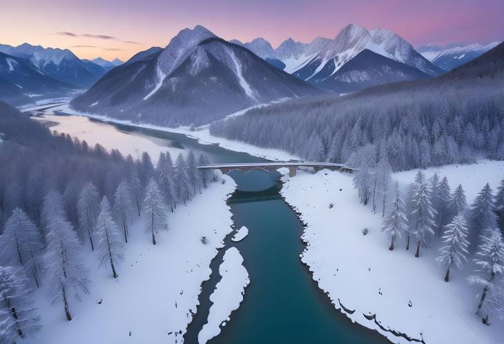 Winter landscape of Sylvensteinsee and Karwendel mountains at dusk, captured by drone, Bavaria