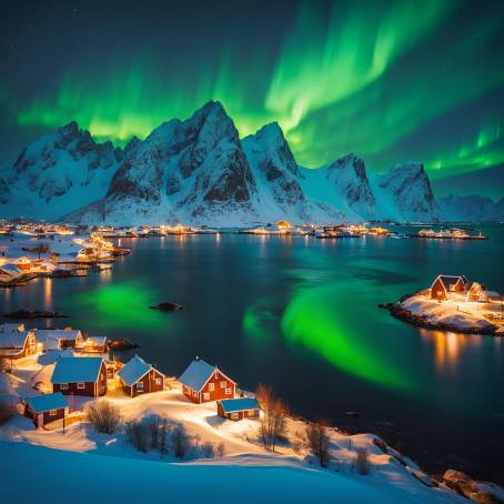 Winter Magic in Reine Lofoten Islands Under Colorful Northern Lights