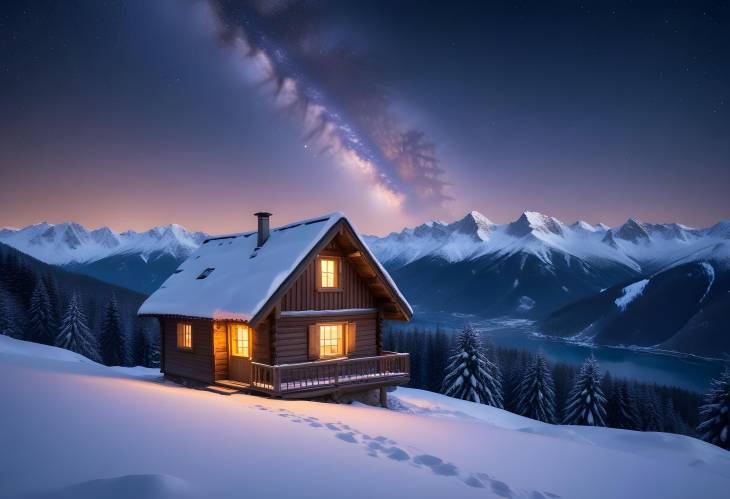 Winter Magic Snowy Mountains and Wooden House with Starry Milky Way Sky  Perfect Christmas Setting