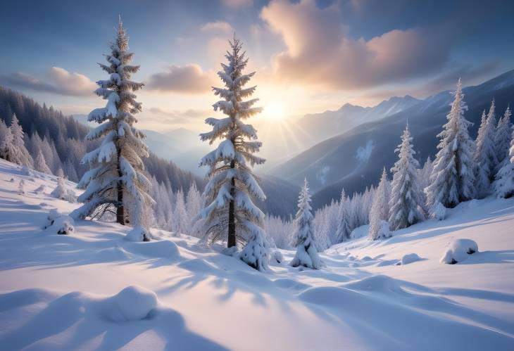 Winter Mountains with Snowy Trees Creating a Serene Winter Scene