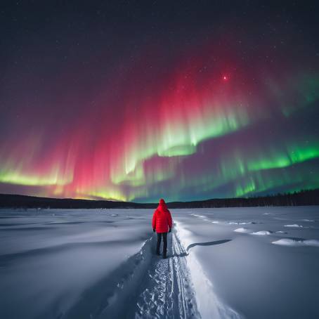 Winter Night Landscape with Tourist Holding Red Flashlight and Aurora Borealis Above Snowy Field