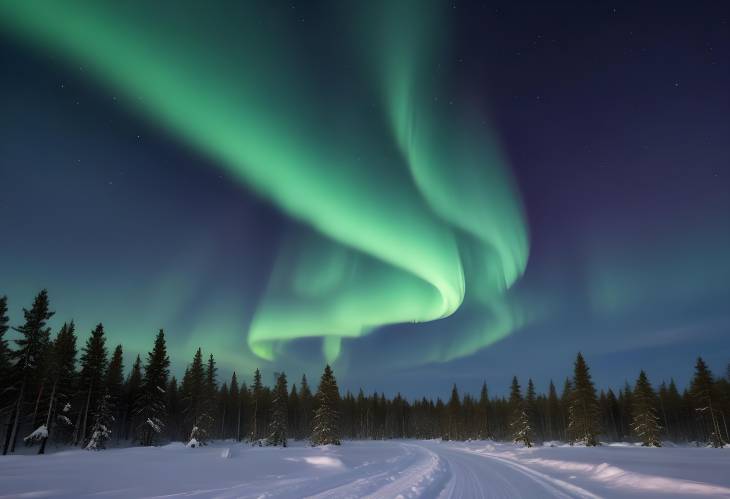 Winter Northern Lights in Lapland Aurora Borealis Shining Bright Over Arctic Sky