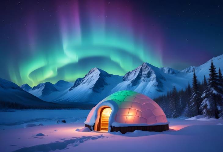 Winter Wonderland Aurora Borealis Lighting Up Snowy Igloo and Mountains with Polar Lights