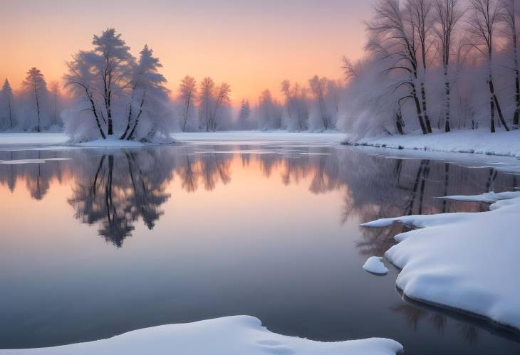 Winter Wonderland with Snow Covered Trees, Frozen Lake, and Sunset Reflections on the Ice